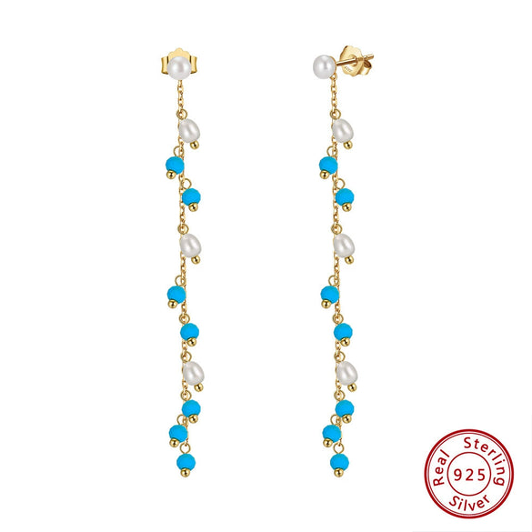 Jewelry Natural Stone 925 Sterling Silver Tassel Freshwater Pearl Turquoise Pendant Earrings Geometric Style Electroplated For Women