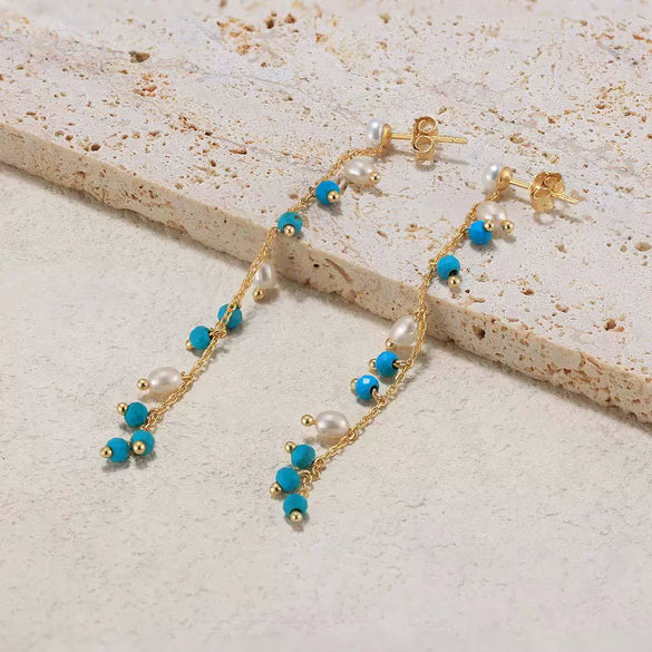 Jewelry Natural Stone 925 Sterling Silver Tassel Freshwater Pearl Turquoise Pendant Earrings Geometric Style Electroplated For Women