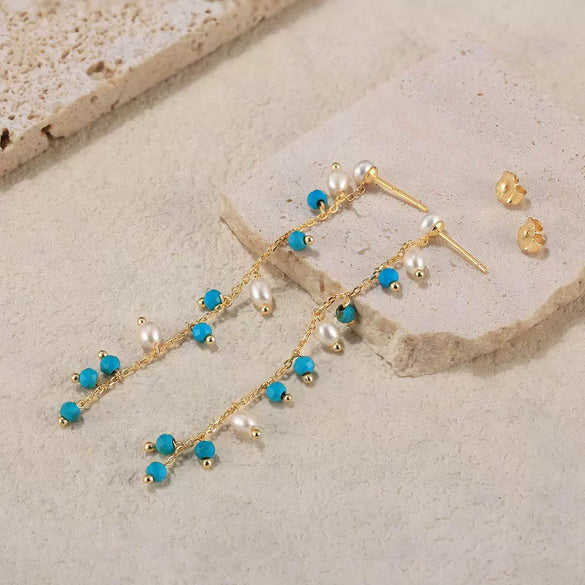 Jewelry Natural Stone 925 Sterling Silver Tassel Freshwater Pearl Turquoise Pendant Earrings Geometric Style Electroplated For Women