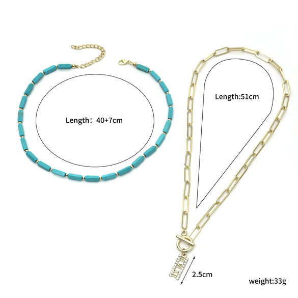 Jewelry Natural Stone Turquoise Alloy Beaded Necklace And Bracelet Handmade Geometric Electroplated For Women