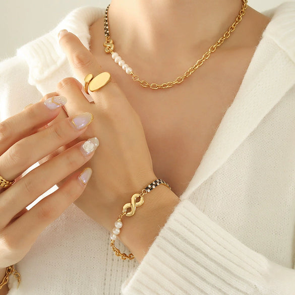 Jewelry Necklace Bracelet Set 316L Stainless Steel Bamboo Chain Electroplating Zircon Freshwater Pearl Letters Design