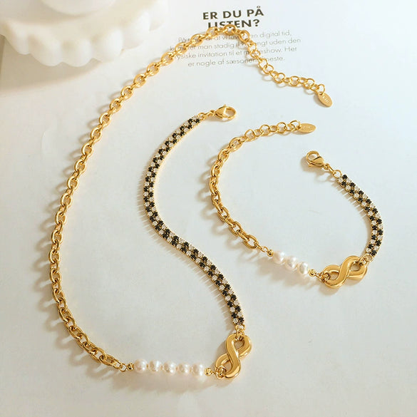 Jewelry Necklace Bracelet Set 316L Stainless Steel Bamboo Chain Electroplating Zircon Freshwater Pearl Letters Design