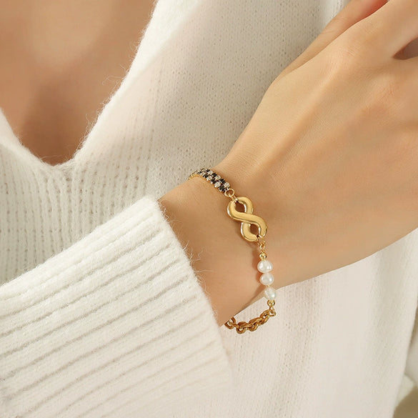 Jewelry Necklace Bracelet Set 316L Stainless Steel Bamboo Chain Electroplating Zircon Freshwater Pearl Letters Design