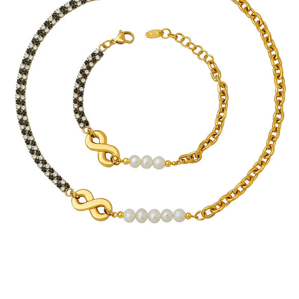 Jewelry Necklace Bracelet Set 316L Stainless Steel Bamboo Chain Electroplating Zircon Freshwater Pearl Letters Design