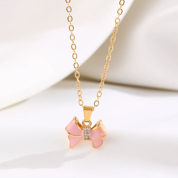 Jewelry Necklace Copper Pearlescent Pink Bow Dripping Oil Design For Women