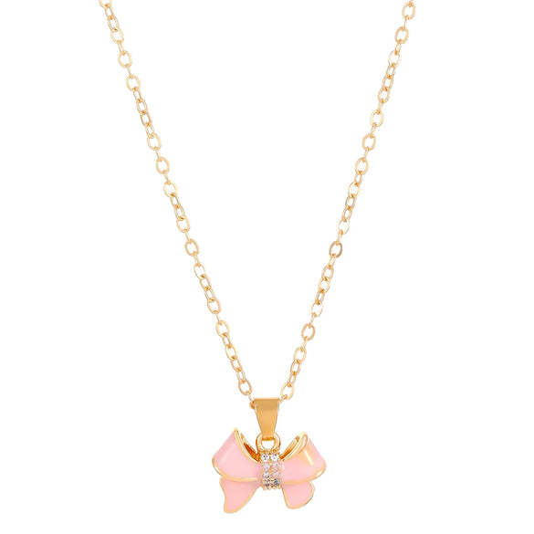 Jewelry Necklace Copper Pearlescent Pink Bow Dripping Oil Design For Women