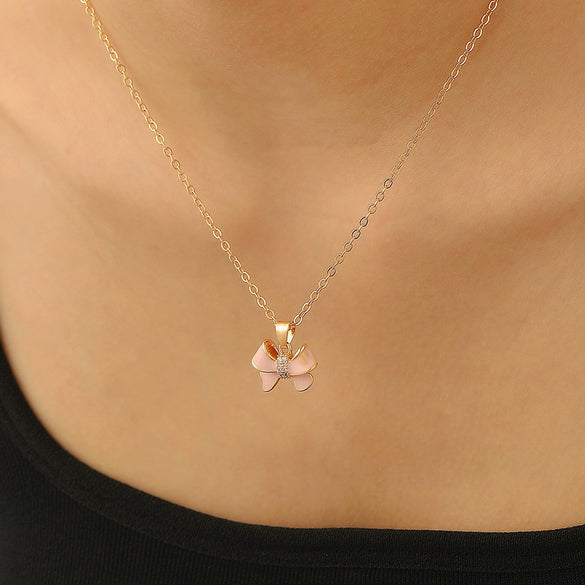 Jewelry Necklace Copper Pearlescent Pink Bow Dripping Oil Design For Women