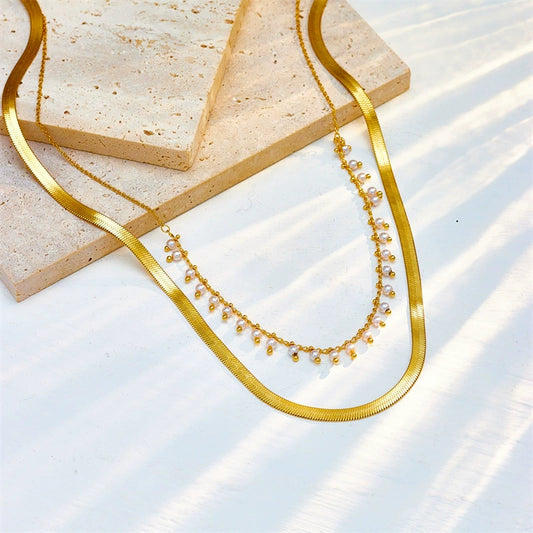 Jewelry Necklace Double Layer Stacked Chain Pearl Stainless Steel Electroplated Retro Style