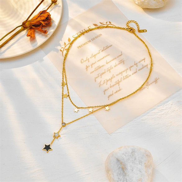 Jewelry Necklace Doublelayered Fivepointed Star Diamond Tassel Pendant Titanium Steel Geometric Electroplating