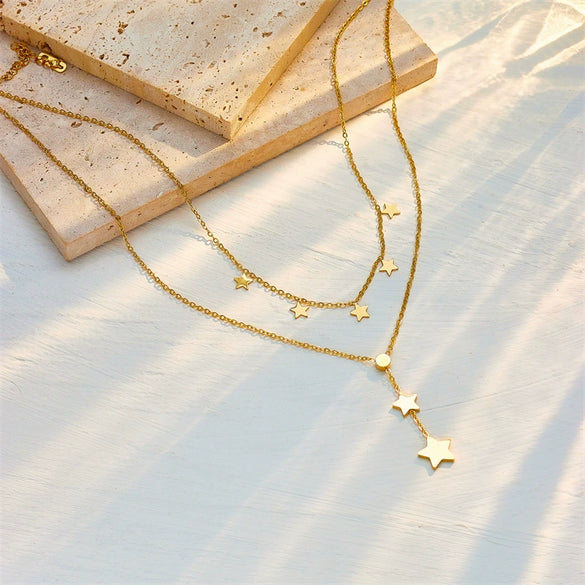 Jewelry Necklace Doublelayered Fivepointed Star Diamond Tassel Pendant Titanium Steel Geometric Electroplating