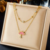 Jewelry Necklace Doublelayered Goldplated Diamondencrusted Stainless Steel Chain With Oil Lotus Design Electroplated