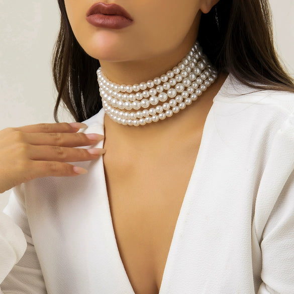 Jewelry Necklace Handmade Multilayer Imitation Pearl Plastic Resin Geometric Snake Bone Chain Women Choker