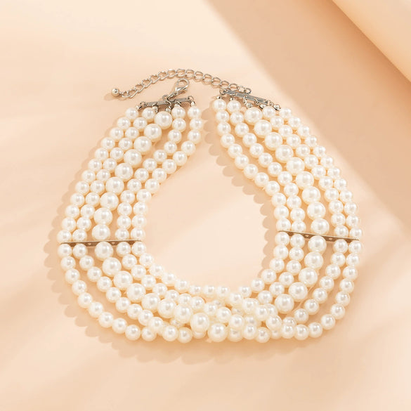 Jewelry Necklace Handmade Multilayer Imitation Pearl Plastic Resin Geometric Snake Bone Chain Women Choker