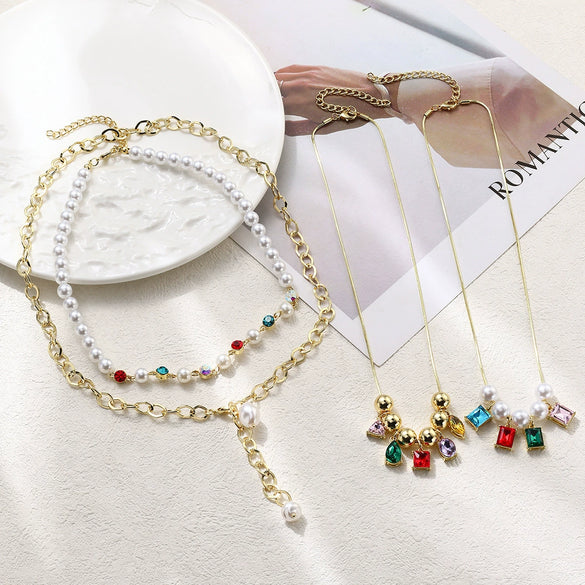 Jewelry Necklace Light Luxury Geometric Drop Shape Artificial Crystal Snake Bone Chain Electroplating For Women