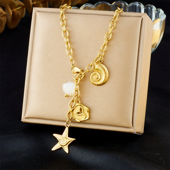 Jewelry Necklace Marine Ins Style Stainless Steel Gold Plated Chain With Starfish Fish Tail Conch Pendant Animal Zodiac Pattern