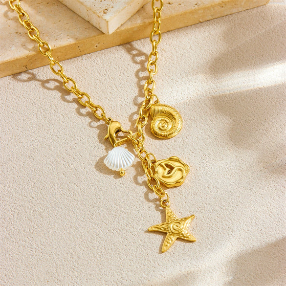 Jewelry Necklace Marine Ins Style Stainless Steel Gold Plated Chain With Starfish Fish Tail Conch Pendant Animal Zodiac Pattern