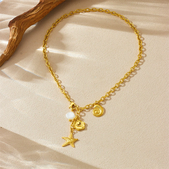 Jewelry Necklace Marine Ins Style Stainless Steel Gold Plated Chain With Starfish Fish Tail Conch Pendant Animal Zodiac Pattern