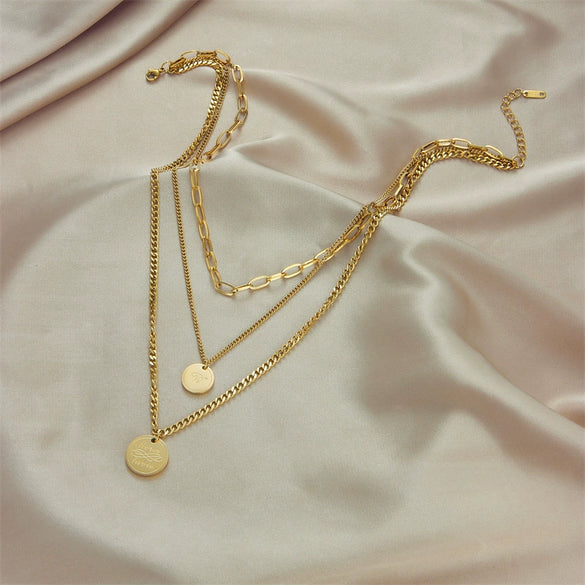 Jewelry Necklace Metal Titanium Steel Geometric Round Plate Lettering Multilayer Retro Stacked Electroplating