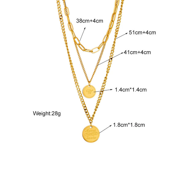 Jewelry Necklace Metal Titanium Steel Geometric Round Plate Lettering Multilayer Retro Stacked Electroplating