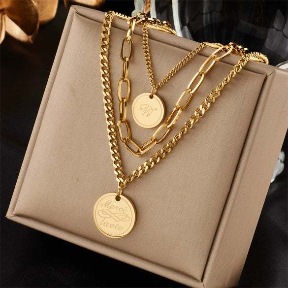 Jewelry Necklace Metal Titanium Steel Geometric Round Plate Lettering Multilayer Retro Stacked Electroplating