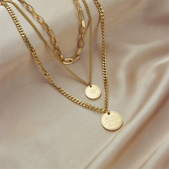 Jewelry Necklace Metal Titanium Steel Geometric Round Plate Lettering Multilayer Retro Stacked Electroplating