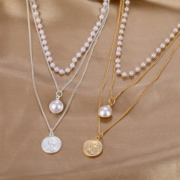 Jewelry Necklace Pearl Multi Layer Round Bead Head Pendant Alloy Cable Chain Geometric Electroplating