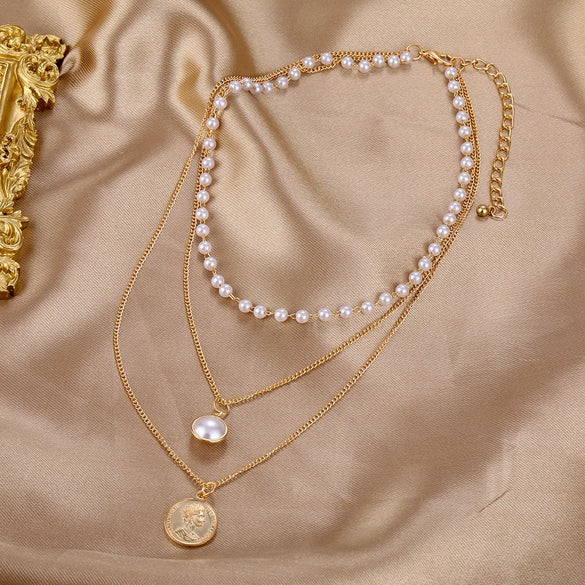 Jewelry Necklace Pearl Multi Layer Round Bead Head Pendant Alloy Cable Chain Geometric Electroplating