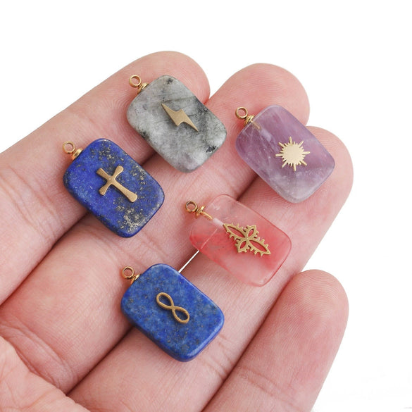 Jewelry Necklace Pendant Natural Stone Pink Crystal Turquoise Stainless Steel Titanium Steel Square Electroplated