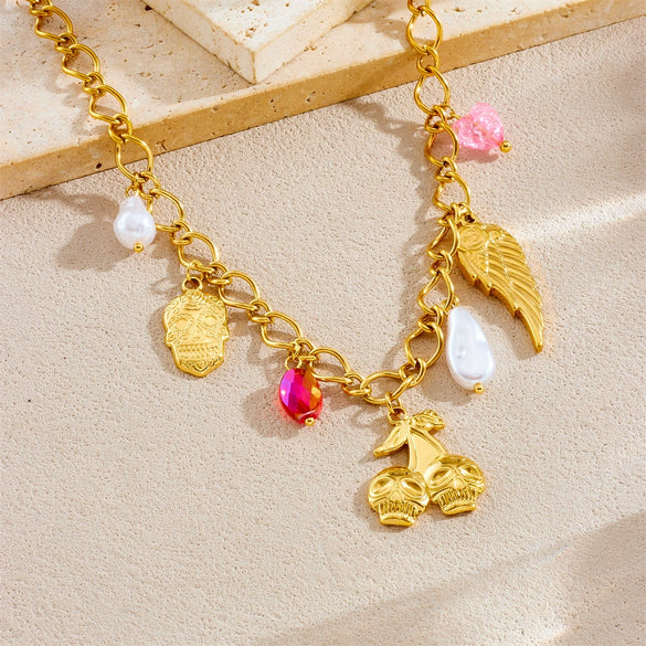 Jewelry Necklace Stainless Steel Cute Cartoon Skull Cherry Wings Pearl Water Drop Fruit Shape Electroplating Fashion For Women