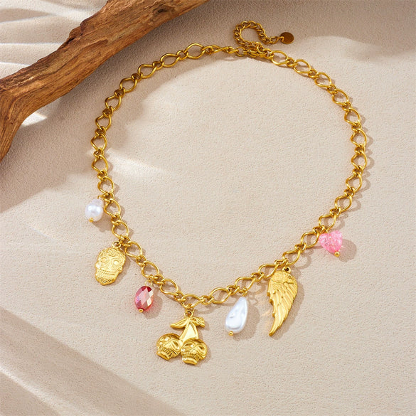 Jewelry Necklace Stainless Steel Cute Cartoon Skull Cherry Wings Pearl Water Drop Fruit Shape Electroplating Fashion For Women