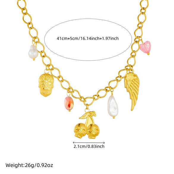 Jewelry Necklace Stainless Steel Cute Cartoon Skull Cherry Wings Pearl Water Drop Fruit Shape Electroplating Fashion For Women