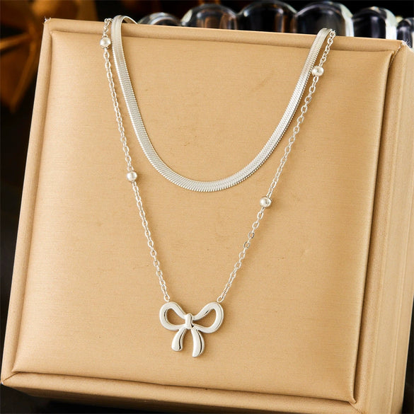 Jewelry Necklace Stainless Steel Goldplated Double Layer Stacked Bow Pendant Fashion Simple Design