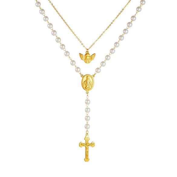 Jewelry Necklace Stainless Steel Oval Retro Double Layer Stacked Angel Pearl Chain Tassel Cross Electroplated
