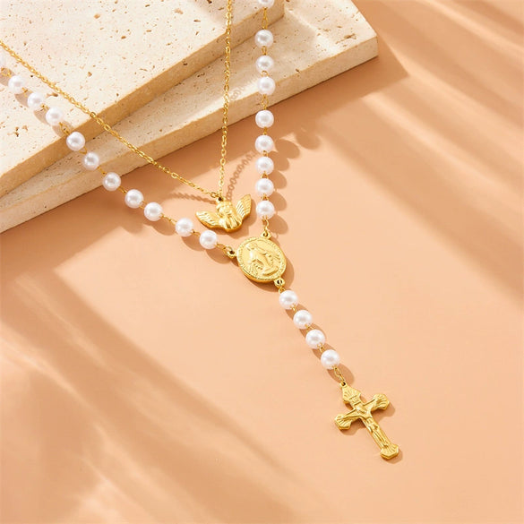 Jewelry Necklace Stainless Steel Oval Retro Double Layer Stacked Angel Pearl Chain Tassel Cross Electroplated