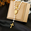 Jewelry Necklace Stainless Steel Oval Retro Double Layer Stacked Angel Pearl Chain Tassel Cross Electroplated
