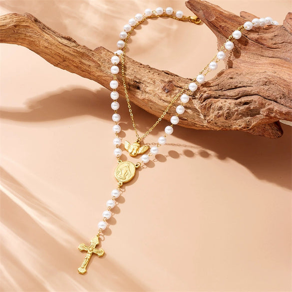 Jewelry Necklace Stainless Steel Oval Retro Double Layer Stacked Angel Pearl Chain Tassel Cross Electroplated