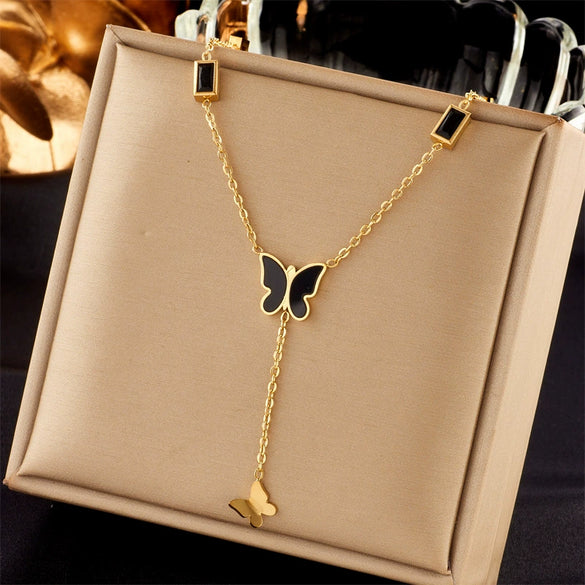 Jewelry Necklace Titanium Steel Black Glossy Butterfly Tassel Pendant Electroplating Women's Animal Style