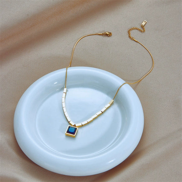 Jewelry Necklace Titanium Steel Geometric Square Blue Diamond Electroplating