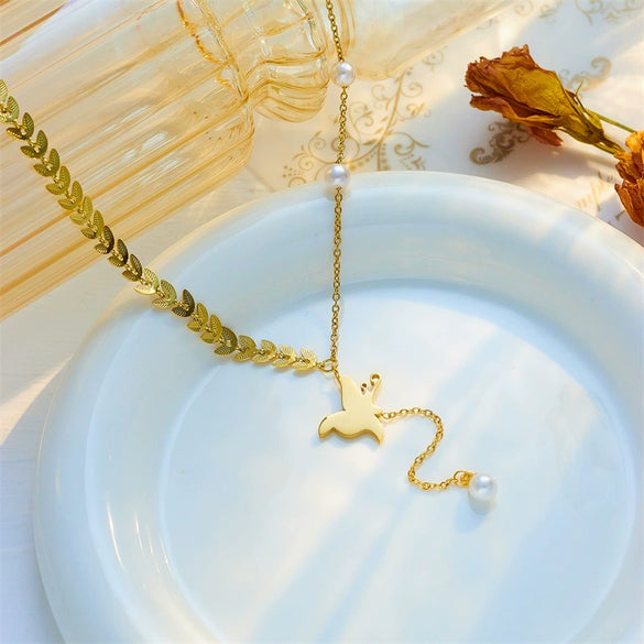 Jewelry Necklace Titanium Steel Pearl Butterfly Tassel Chain Leaf Pendant Electroplating