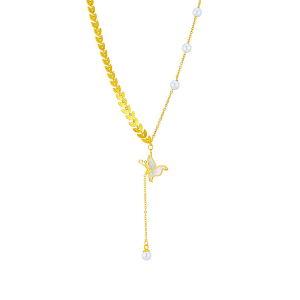 Jewelry Necklace Titanium Steel Pearl Butterfly Tassel Chain Leaf Pendant Electroplating