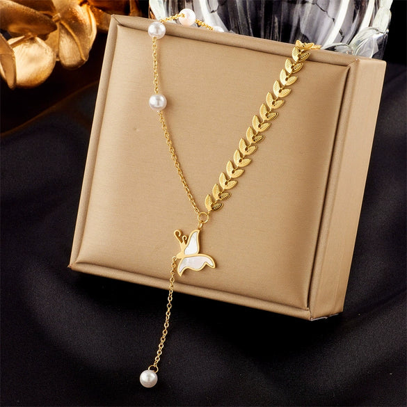 Jewelry Necklace Titanium Steel Pearl Butterfly Tassel Chain Leaf Pendant Electroplating