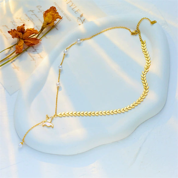 Jewelry Necklace Titanium Steel Pearl Butterfly Tassel Chain Leaf Pendant Electroplating