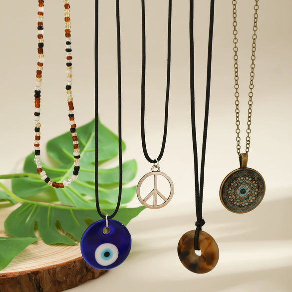 Jewelry Necklace Women Retro Geometric Pattern Acrylic Pendant Wax Thread Handmade