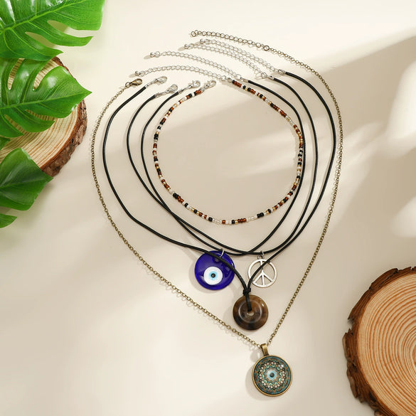 Jewelry Necklace Women Retro Geometric Pattern Acrylic Pendant Wax Thread Handmade