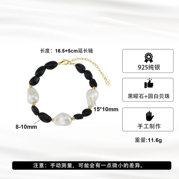 Jewelry Obsidian Baroque Shell Beads S925 Sterling Silver Tiger Eye Stone Geometric Electroplating Bracelet For Women