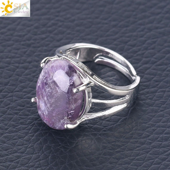 Jewelry Oval Natural Stone Crystal Alloy Women's Ring Four Claw Inlay Hollow Electroplated