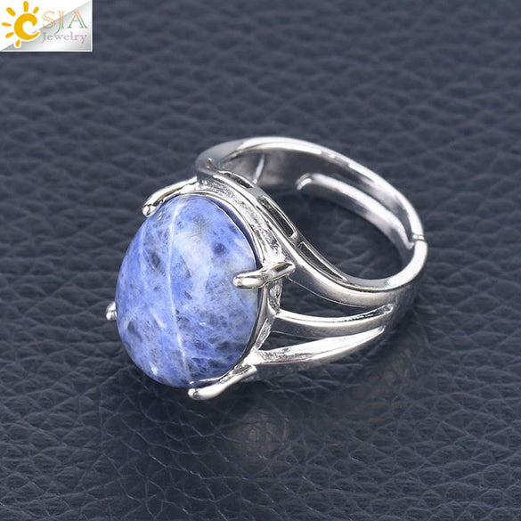 Jewelry Oval Natural Stone Crystal Alloy Women's Ring Four Claw Inlay Hollow Electroplated