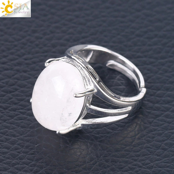 Jewelry Oval Natural Stone Crystal Alloy Women's Ring Four Claw Inlay Hollow Electroplated