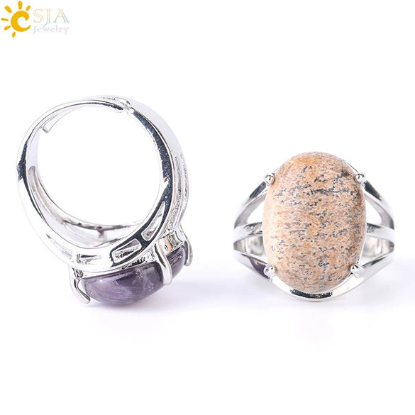 Jewelry Oval Natural Stone Crystal Alloy Women's Ring Four Claw Inlay Hollow Electroplated