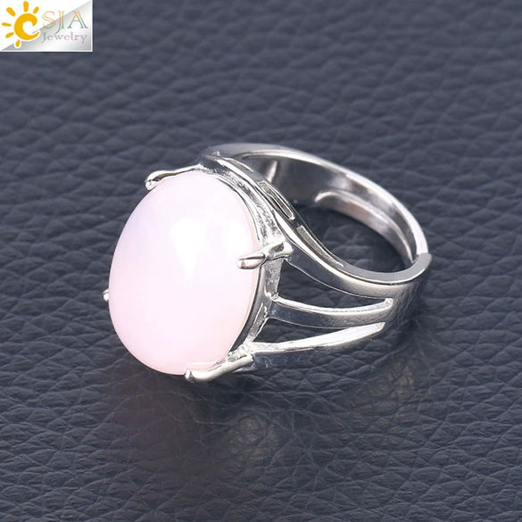 Jewelry Oval Natural Stone Crystal Alloy Women's Ring Four Claw Inlay Hollow Electroplated